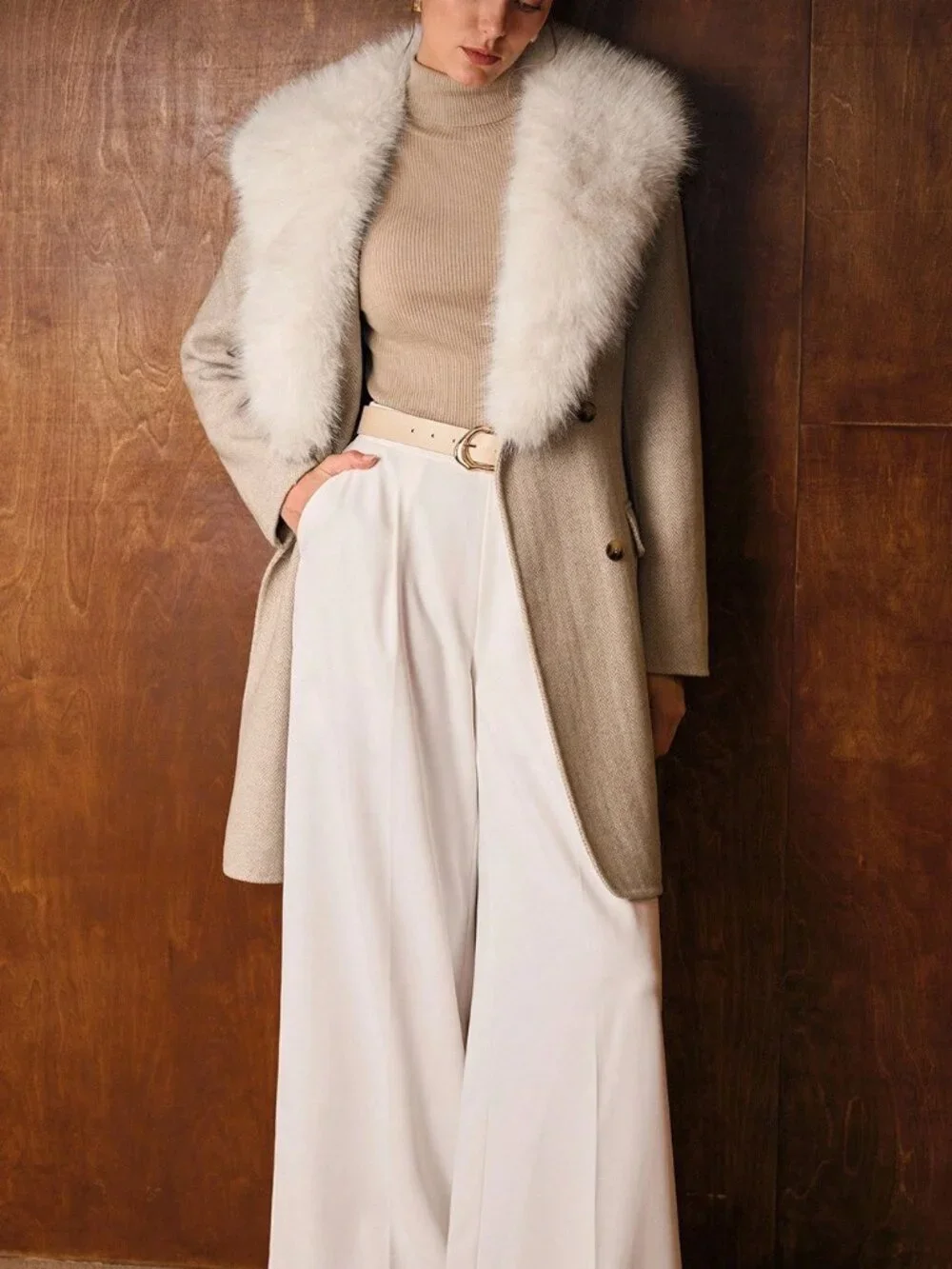 Mocha Brown Elegant Women's Herringbone Pattern Collar Single-Breasted Coat